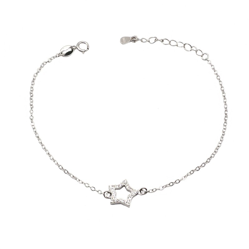 Bracciale placcato oro bianco maglia forzatina con centrale semizirconato bianco sagoma stella in argento 925