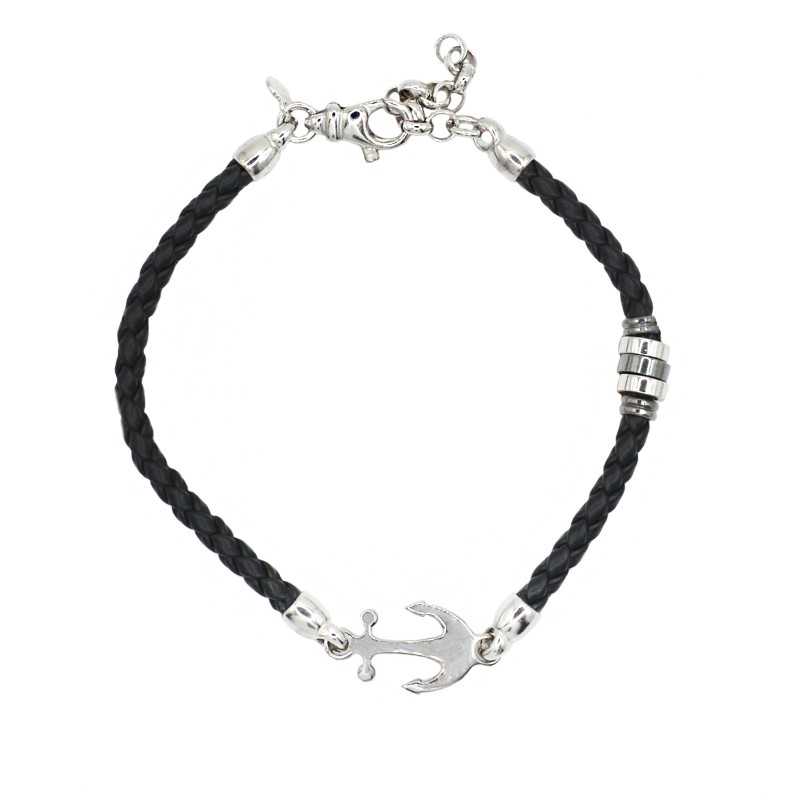 Bracciale laccio in cuoio a treccia tubolare con ancora liscia e rondelle placcata oro bianco e brunito in argento 925