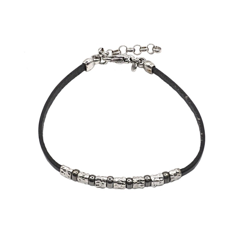 Bracciale laccio in cuoio nero con pepite martellate placcata oro bianco in argento 925