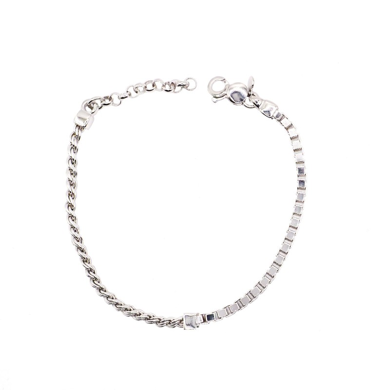 Bracciale maglia corda e maglia quadrata con pepita centrale placcato oro bianco in argento 925