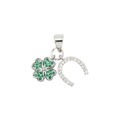 Ciondolo con soggetti ferro di cavallo zirconato bianco e quadrifoglio zirconato verde placcato oro bianco in argento 925