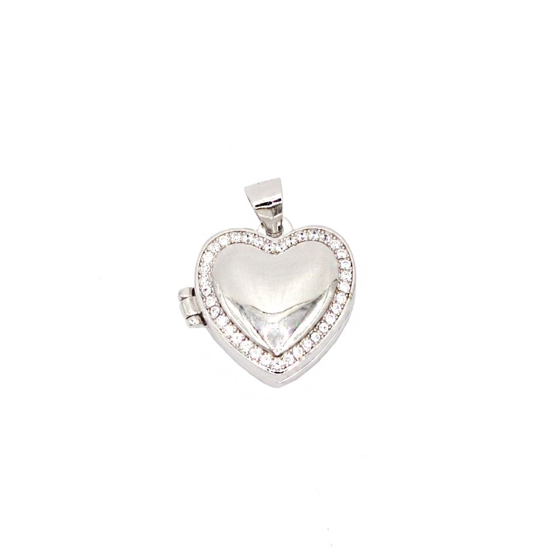 Ciondolo cuore bombato portafoto con cornice di zirconi bianchi placcato oro bianco in argento 925