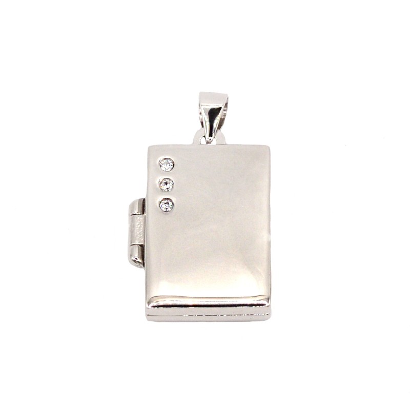 Ciondolo rettangolare portafoto con 3 zirconi placcato oro bianco in argento 925