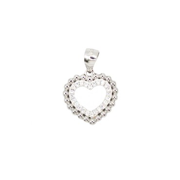 Ciondolo sagoma cuore zirconato bianco con cornice di sfere lucide placcato oro bianco in argento 925