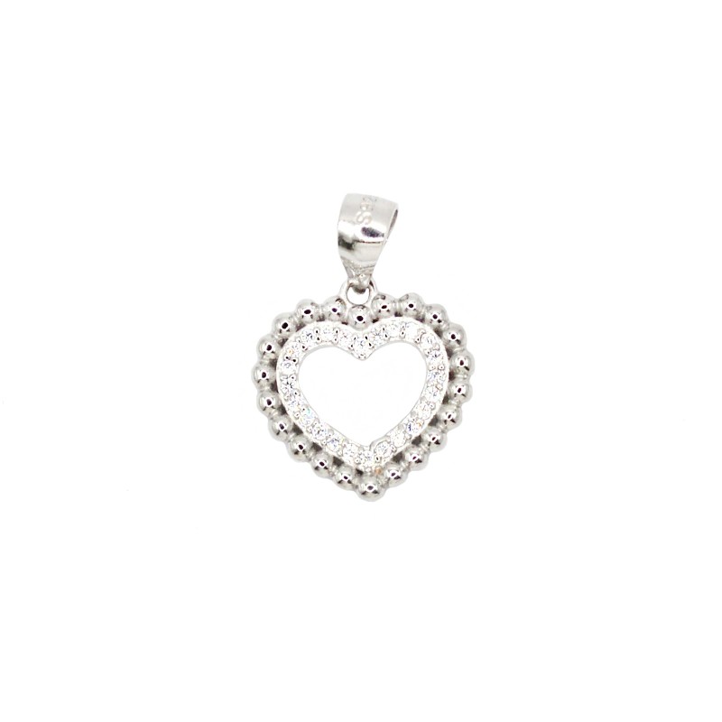 Ciondolo sagoma cuore zirconato bianco con cornice di sfere lucide placcato oro bianco in argento 925