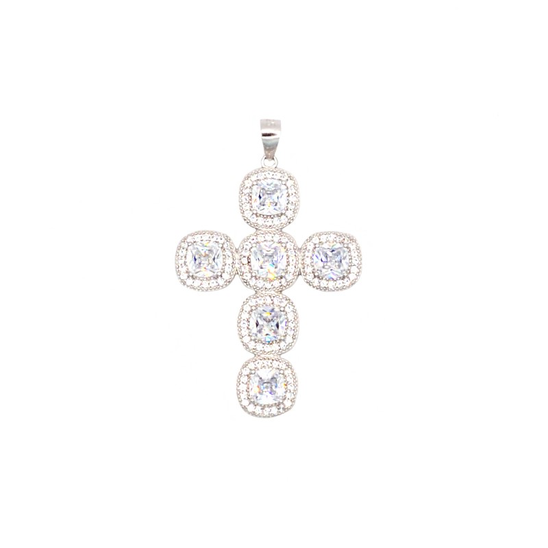 Ciondolo croce con zirconi bianchi quadrati in cornice di zirconi bianchi placcato oro bianco in argento 925