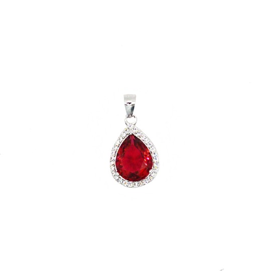 Ciondolo con zircone a goccia rossa in cornice di zirconi bianchi placcato oro bianco in argento925