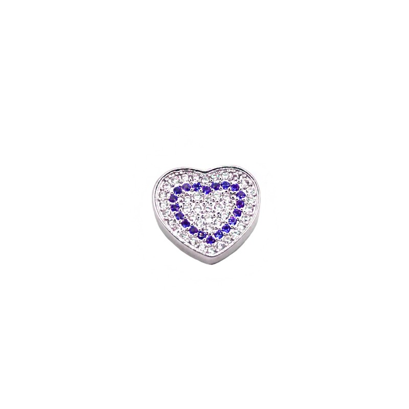 Ciondolo cuore zirconato bianco e blu con contromaglia passante placcato oro bianco in argento 925