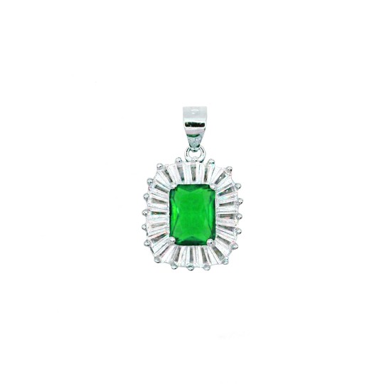 Ciondolo con con pietra rettangolare verde in cornice di zirconi a baguette bianchi placcato oro bianco in argento925