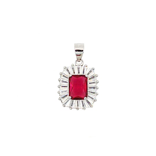 Ciondolo con con pietra rettangolare rossa in cornice di zirconi a baguette bianchi placcato oro bianco in argento925