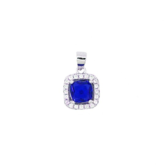 Ciondolo con zircone a quadrato blu in cornice di zirconi bianchi placcato oro bianco in argento925