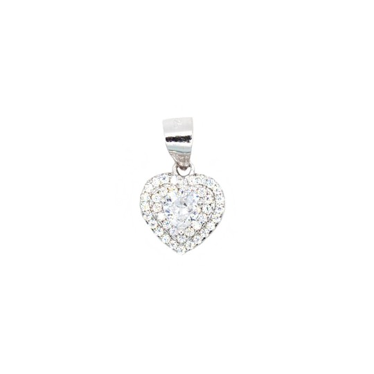 Ciondolo con zircone a cuore bianco in doppia cornice di zirconi bianchi placcato oro bianco in argento925