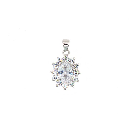 Ciondolo con zircone ovale bianco in cornice di zirconi bianchi placcato oro bianco in argento925