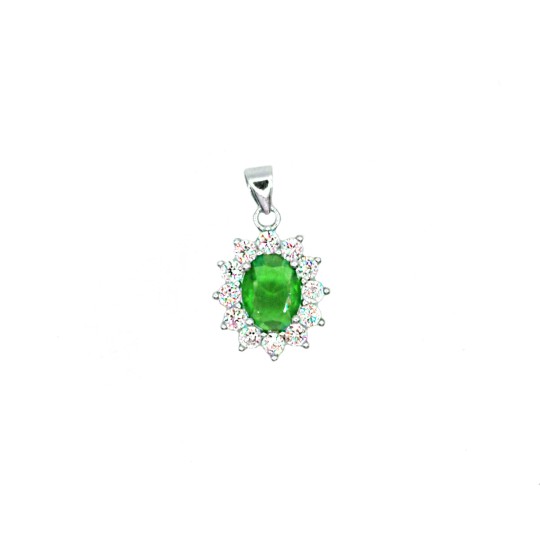 Ciondolo con zircone ovale verde in cornice di zirconi bianchi placcato oro bianco in argento925