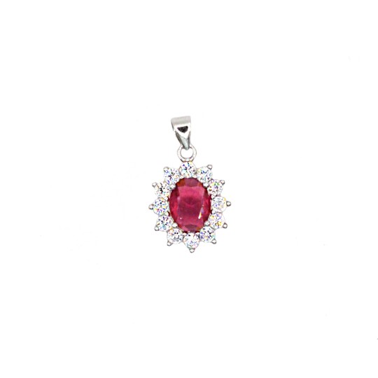 Ciondolo con zircone ovale rosso in cornice di zirconi bianchi placcato oro bianco in argento925