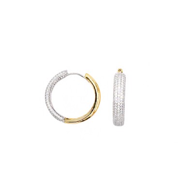 Orecchini a cerchio bombato semizirconato bianco con chiusura a scattino placcati oro bianco e giallo in argento 925