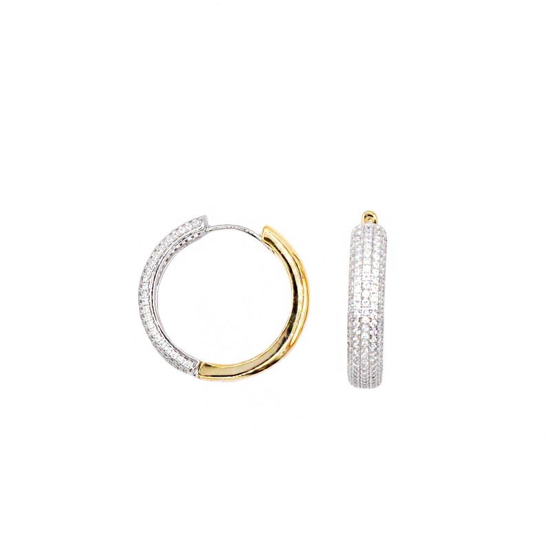 Orecchini a cerchio bombato semizirconato bianco con chiusura a scattino placcati oro bianco e giallo in argento 925