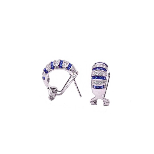 Orecchini a cerchio bombato zirconato bianco e baguette blu con attacco perno e clip placcato oro bianco in argento 925