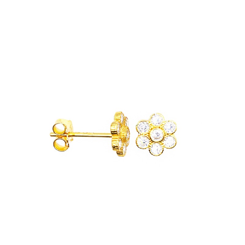 Orecchini a lobo fiore con zirconi a cipollina bianchi placcati oro giallo in argento 925