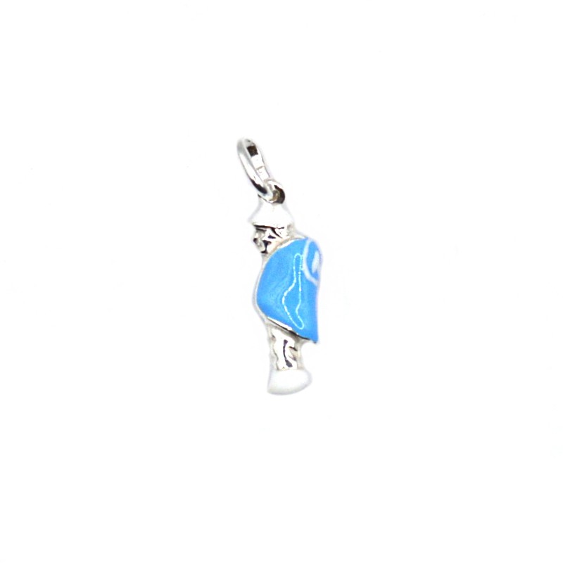 Light blue enamelled hunchback pendant with white gold plated shield in 925 silver