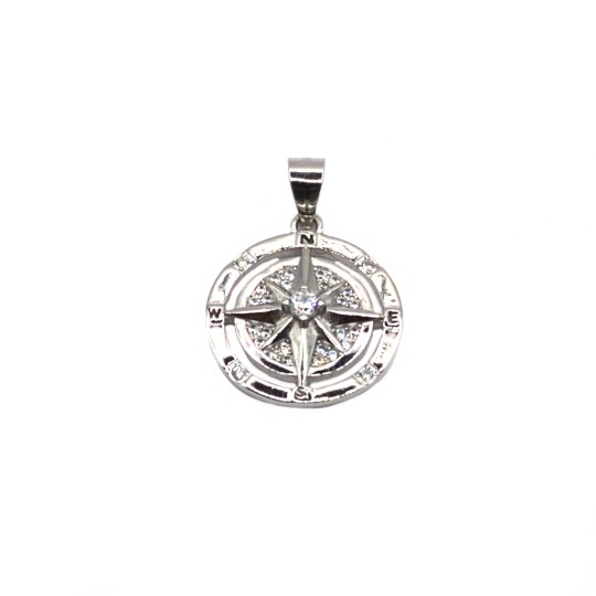 Ciondolo rosa dei venti su base tonda semi zirconata bianca e traforata con punto luce centrale placcato oro bianco in argento 9