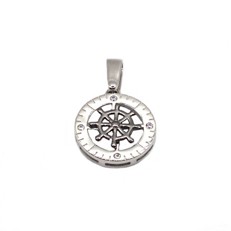 Ruthenium plated rudder pendant on a round base engraved with cardinal points of white zircons white gold plated in 925 silver