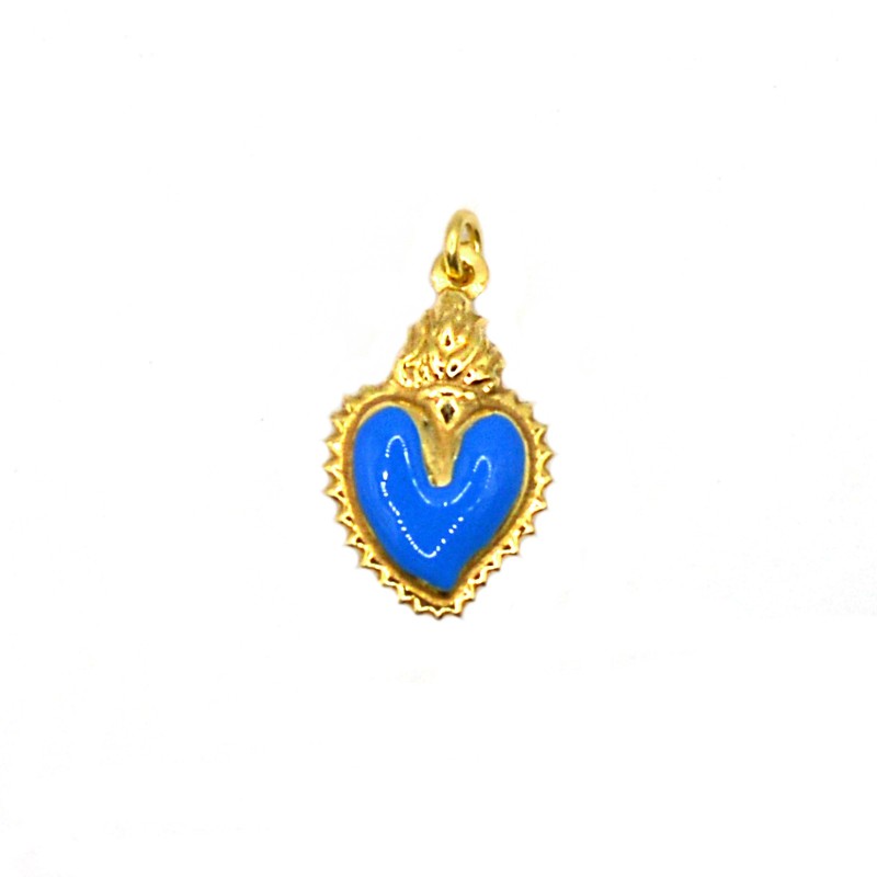 Paired sacred heart pendant engraved and enamelled blue yellow gold plated in 925 silver