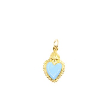 Sacred heart pendant paired engraved and enameled light blue yellow gold plated in 925 silver