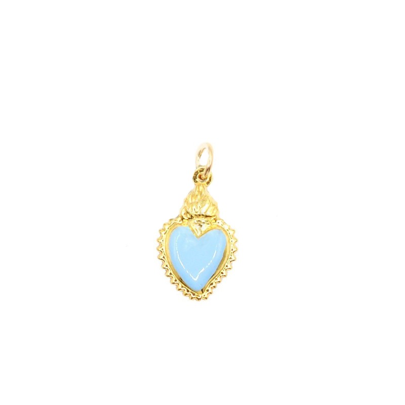 Sacred heart pendant paired engraved and enameled light blue yellow gold plated in 925 silver