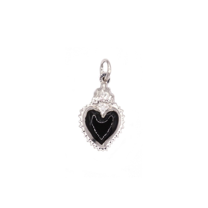Sacred heart pendant paired engraved and enameled black white gold plated in 925 silver