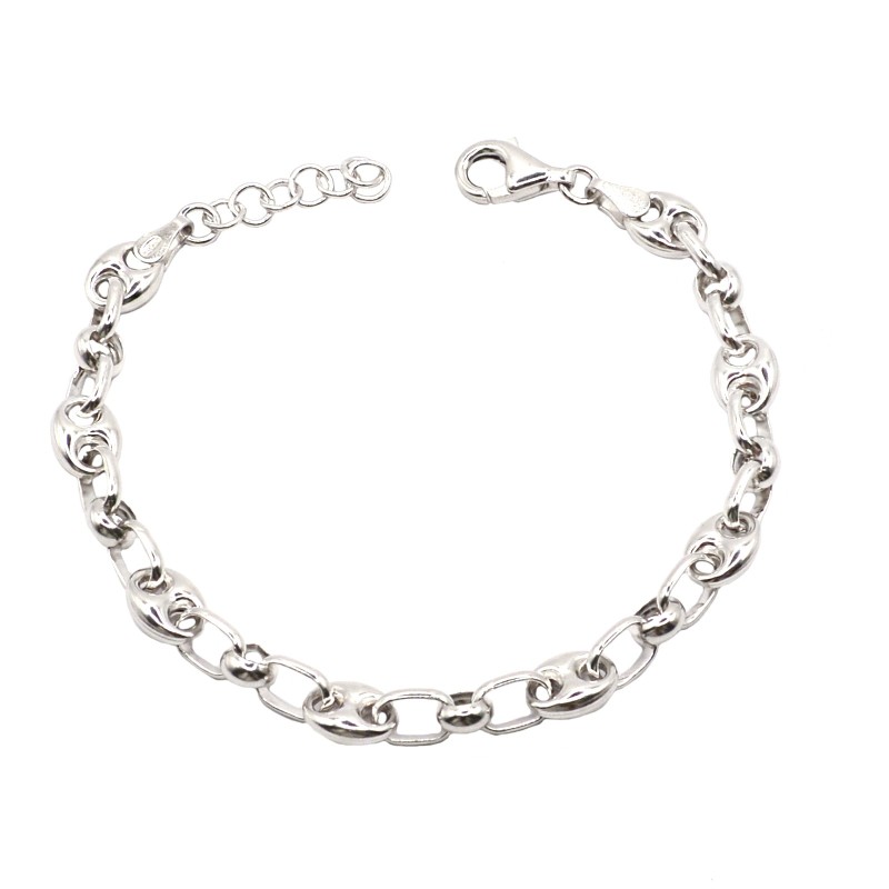 Bracciale maglia marina bombata da 6 mm intervallata da contromaglie tonde placcato oro bianco in argento 925