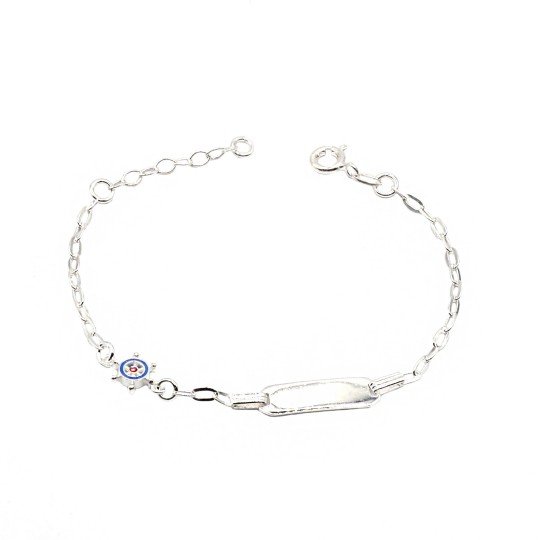 Bracciale maglia a biscotto con targa rettangolare centrale e timone smaltato laterale placcato oro bianco in argento 9