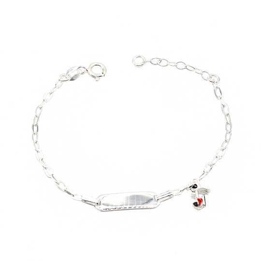 Bracciale maglia a biscotto con targa rettangolare centrale e vespa smaltata placcato oro bianco in argento 9