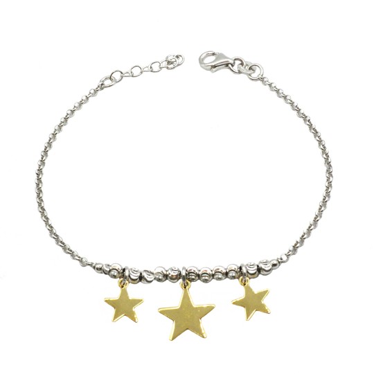Bracciale maglia rolò con sfere diamantate placcato oro bianco e stelle a lastra pendenti placcato oro giallo in argento 9