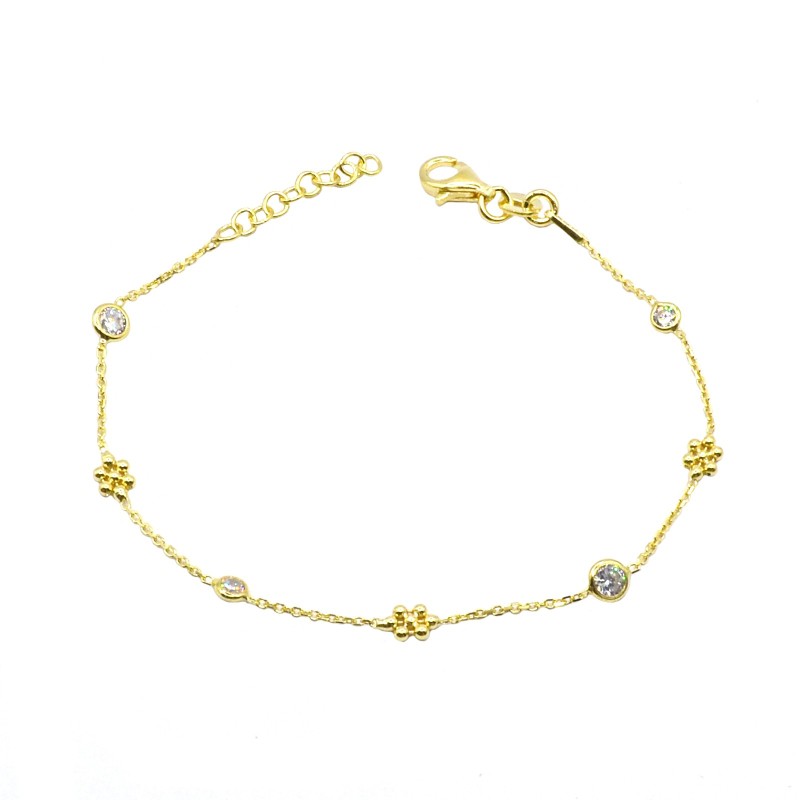Bracciale maglia forzatina con cipolline di zirconi bianchi e fiori placcato oro giallo in argento 925