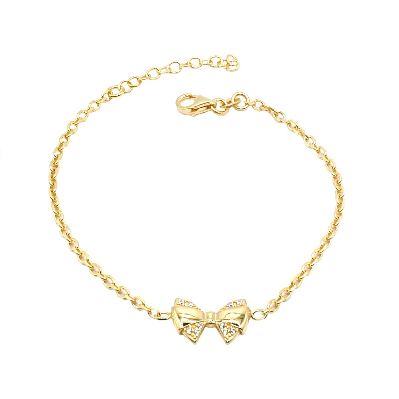 Bracciale maglia rolò con fiocco semizirconato bianco centrale placcato oro giallo in argento 925