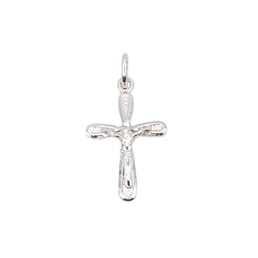 Ciondolo croce puntinato e lucido con punte arrotondate e cristo microfuso placcato oro bianco in argento 925