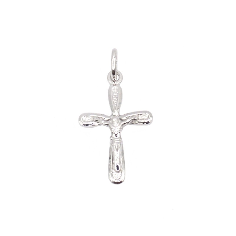 Ciondolo croce puntinato e lucido con punte arrotondate e cristo microfuso placcato oro bianco in argento 925