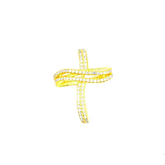 Ciondolo croce ondulata a doppio filo di zirconi bianchi con contromaglia passante placcato oro giallo in argento 925