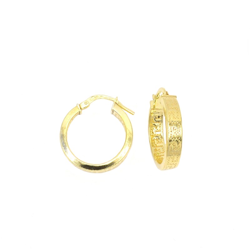 Square section hoop earrings with Greek engraving, yellow gold plated in 925 silver