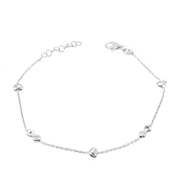 Bracciale maglia rollò con cuori e infinito bombati placcato oro bianco in argento 926