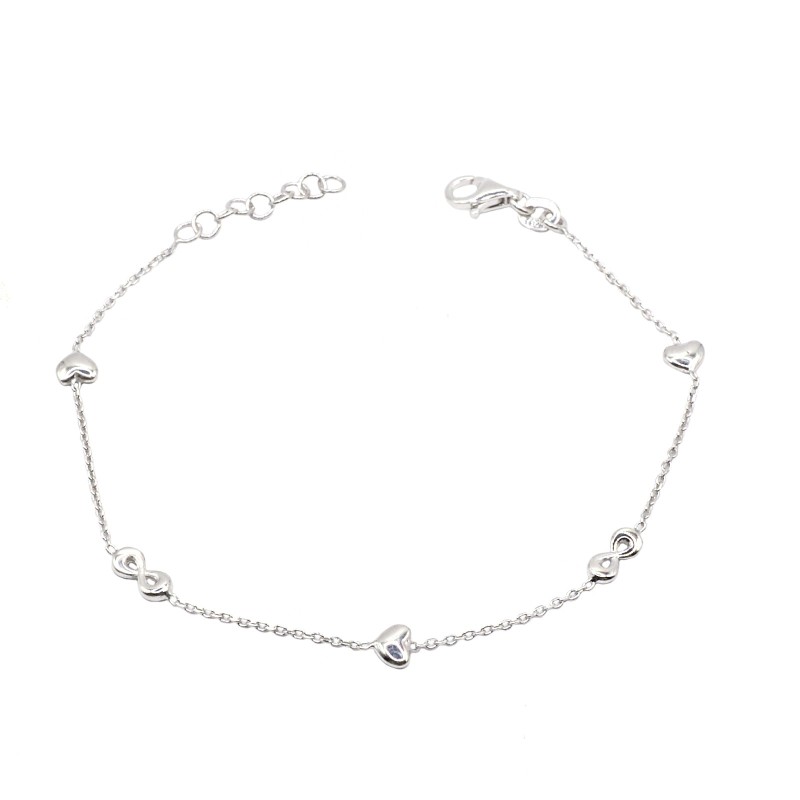 Bracciale maglia rollò con cuori e infinito bombati placcato oro bianco in argento 926