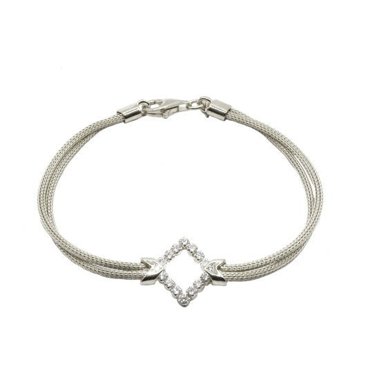 Bracciale 2 fili maglia fope con rombo centrale zirconato bianco placcato oro bianco in argent