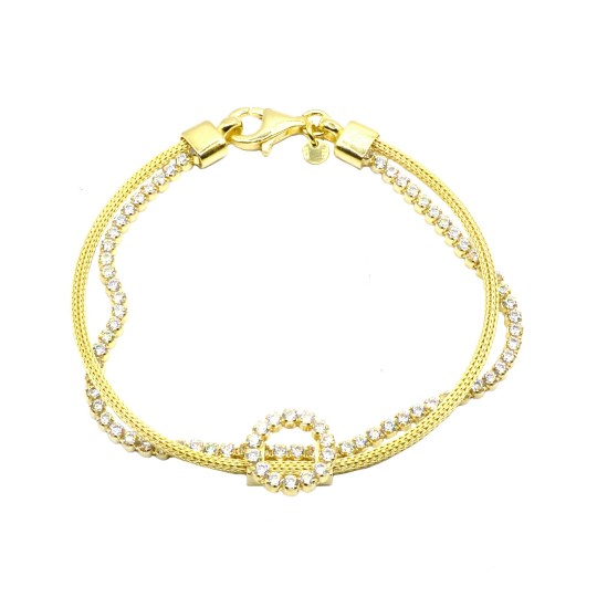 Bracciale 2 fili maglia fope e tennis con tondo centrale zirconato bianco placcato oro giallo in argent