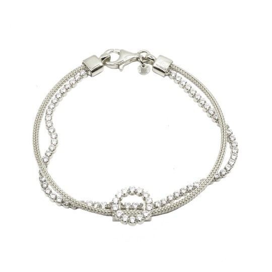 Bracciale 2 fili maglia fope e tennis con tondo centrale zirconato bianco placcato oro bianco in argent