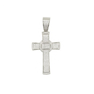 Ciondolo croce stilizzata zirconata bianca placcato oro bianco in argento 925