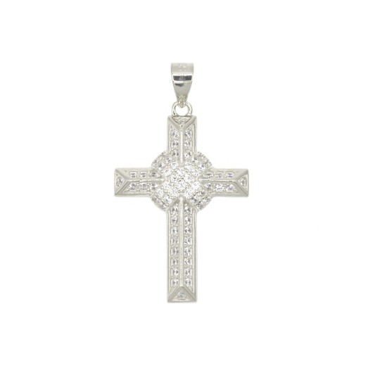 Ciondolo croce zirconata bianca con x centrale placcato oro bianco in argento 925