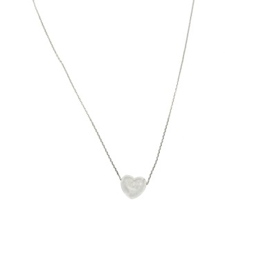 Collana maglia forzatina con tramezzo cuore bombato placcato oro bianco in argento 925