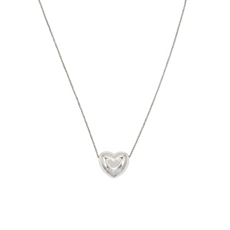 Collana maglia forzatina con tramezzo cuore big bombato placcato oro bianco in argento 925