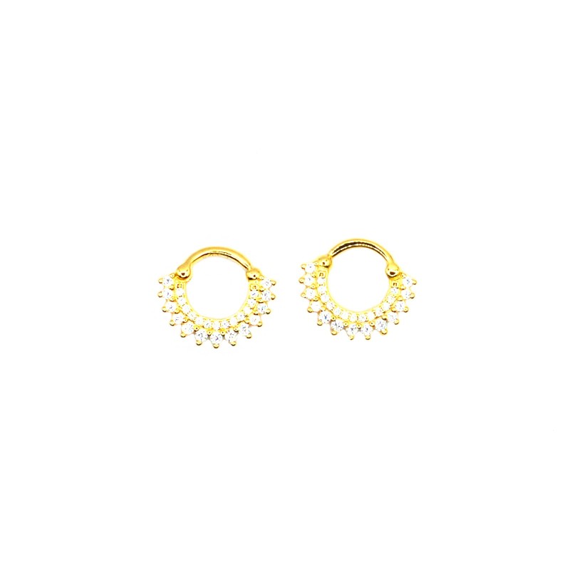 Hoop earrings with double row of white zircons with yellow gold plated snap closure in 925 silver